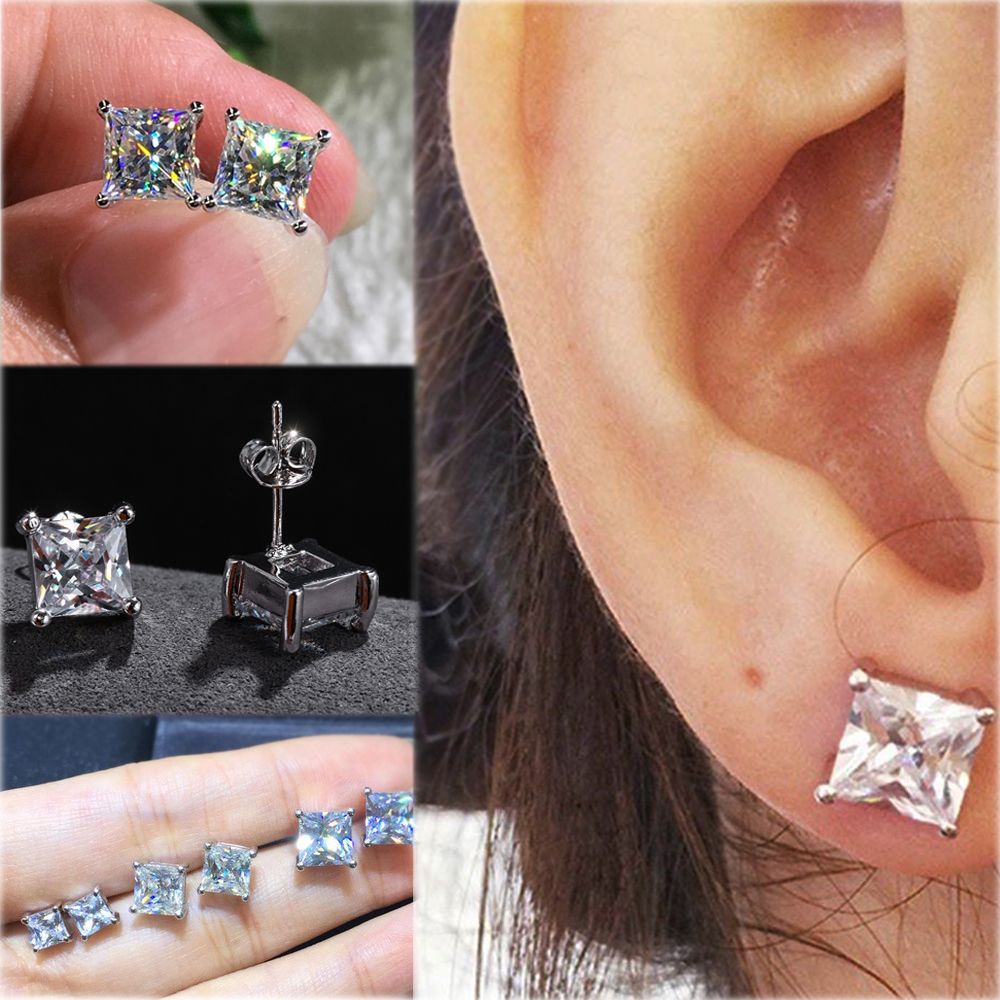 Bông tai đính đá zircon trắng mặt vuông phong cách thời thời trang cho nam nữ