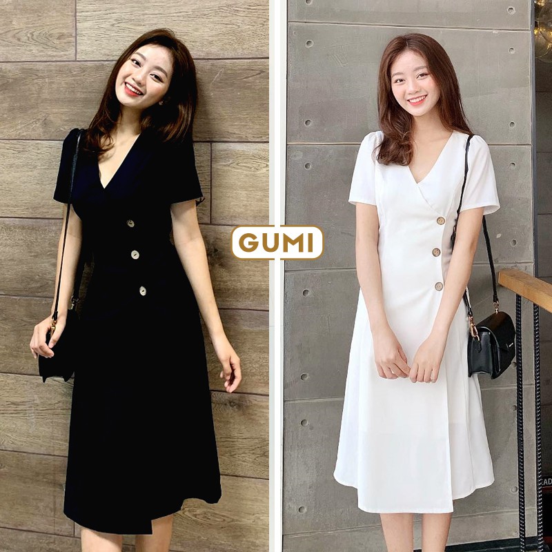 Đầm dự tiệc dáng xòe tay phồng cổ V nút gỗ - Váy nữ dự tiệc Gumi trẻ trung xinh đẹp GM2068
