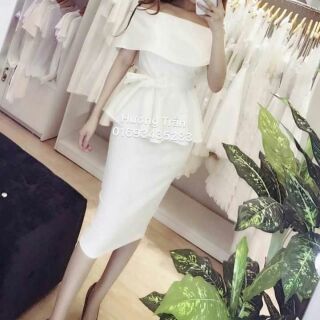 Đầm peplum bẹt vai thắt nơ