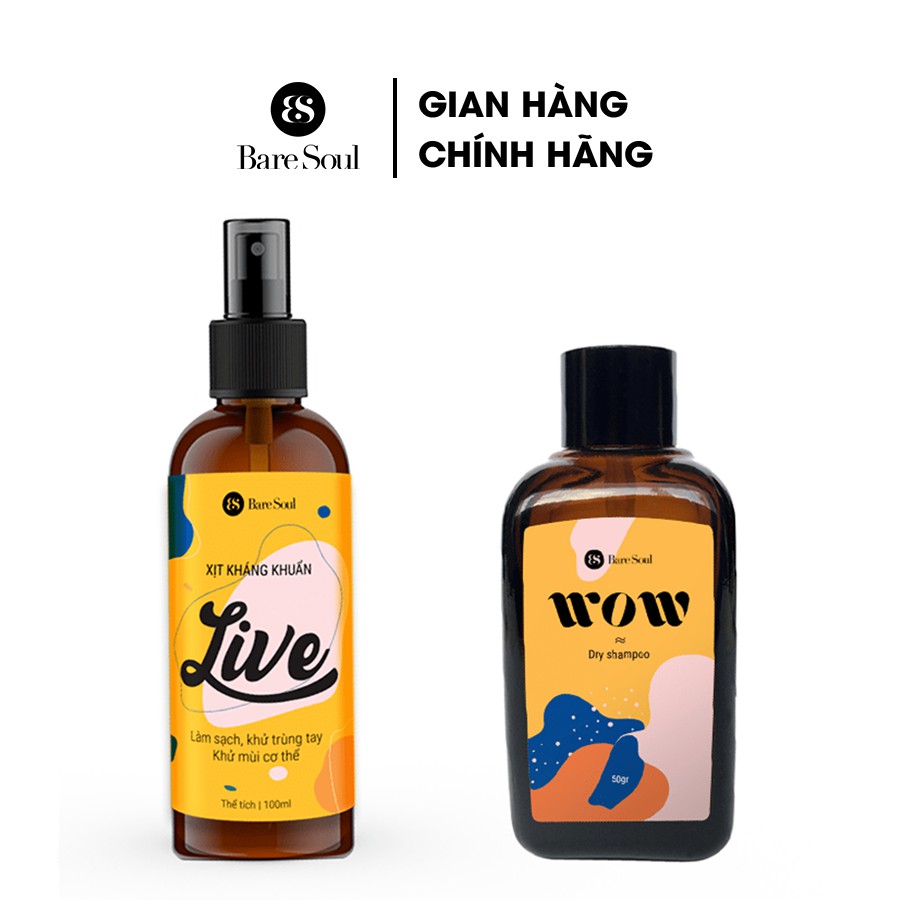 Combo Xịt kháng khuẩn LIVE 100ml + Dầu gội đầu khô BareSoul Wow Dry Shampoo 50g