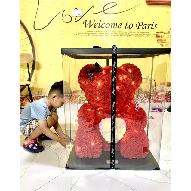 Gấu hoa  70cm fullbox - Tặng kèm Thiệp + Topper chữ Love You, Happy birthday, Wedding