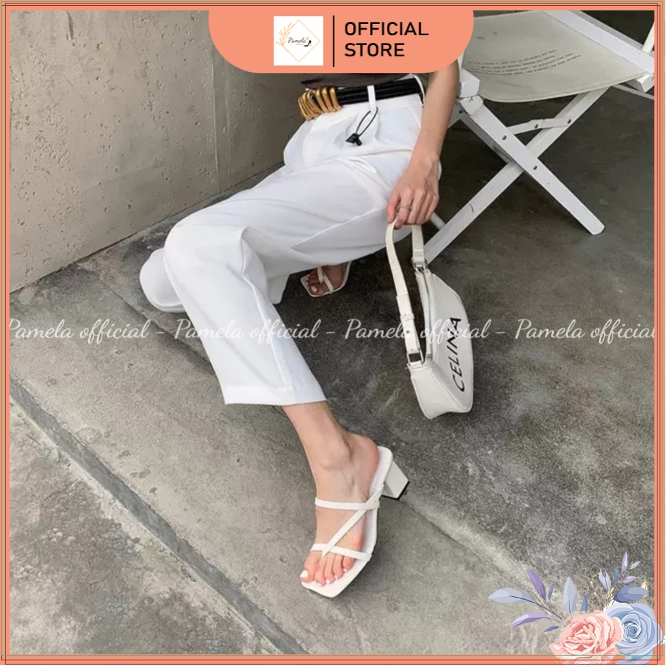 PAMELA - (Sẵn Hàng) Guốc Nữ Xỏ Ngón Gót Vuông Dây Ngang Phối Dây Chéo Mũi Vuông Thời Thượng 2022 - G36