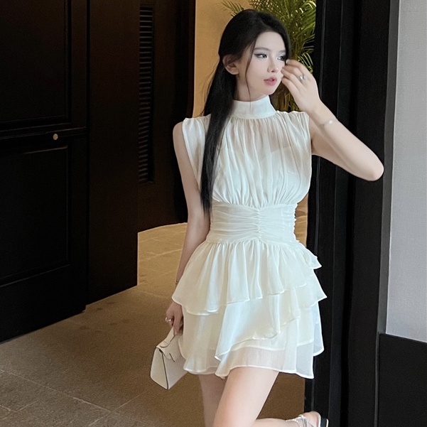 Đầm Không Tay Chất Liệu Chiffon Màu Trắng Thiết Kế Mỏng Thời Trang Mùa Hè Theo Phong Cách Hàn Quốc Dành Cho Nữ