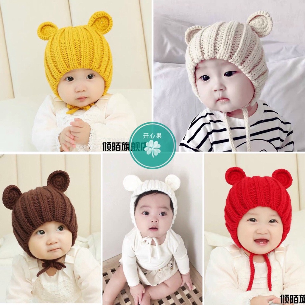 Mũ Len Tai Gấu Cho Bé Trai Bé Gái Có Dây Buộc 6-26 Tháng