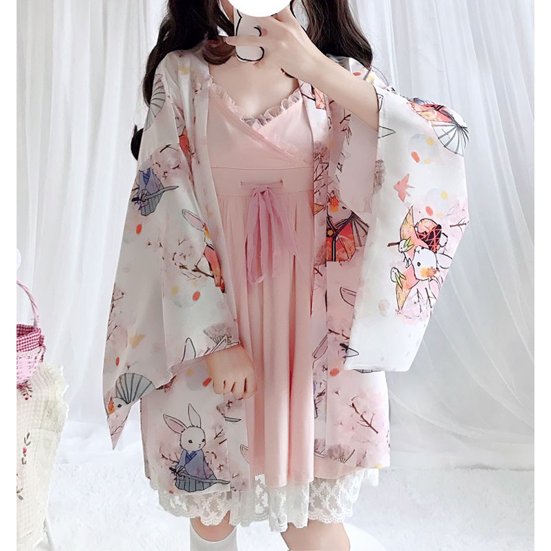 (Có sẵn) Áo khoác Kimono Haori mèo hoa anh đào Nhật Bản