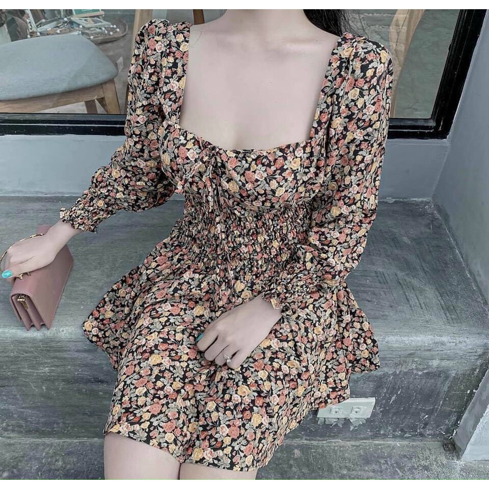 Đầm hoa cổ vuông tay dài nhún bụng ngọt ngào TTSA0954