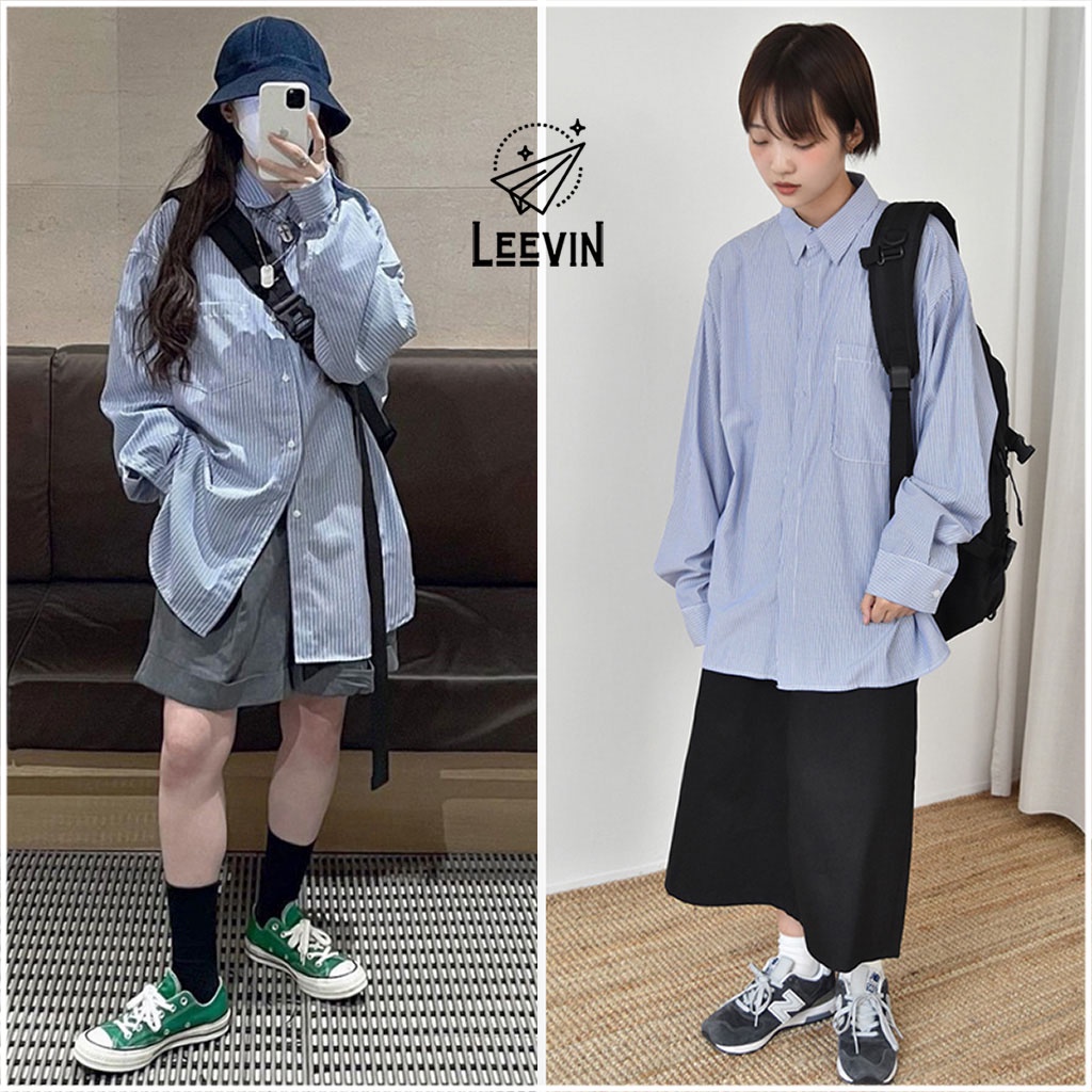 Áo Sơ Mi Nữ Form Rộng Ulzzang Kẻ Sọc Xanh Dài Tay Phong Cách Hàn Quốc Kiểu Sơ Mi Nữ Bigsize Unisex Công Sở Leevin Store