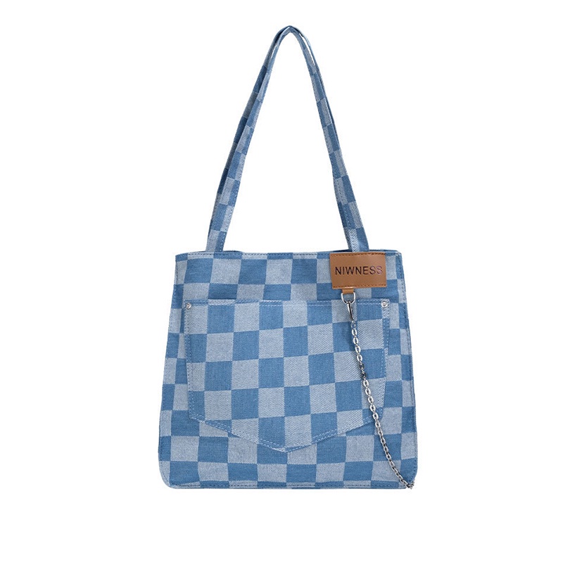 Túi xách đeo vai IELGY sức chứa lớn vải canvas họa tiết ca rô màu xanh dương