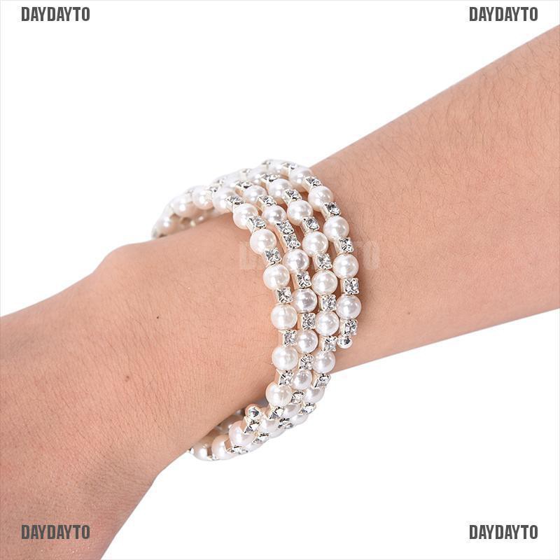 Vòng đeo tay co giãn nhiều lớp bằng ngọc trai pha lê lấp lánh