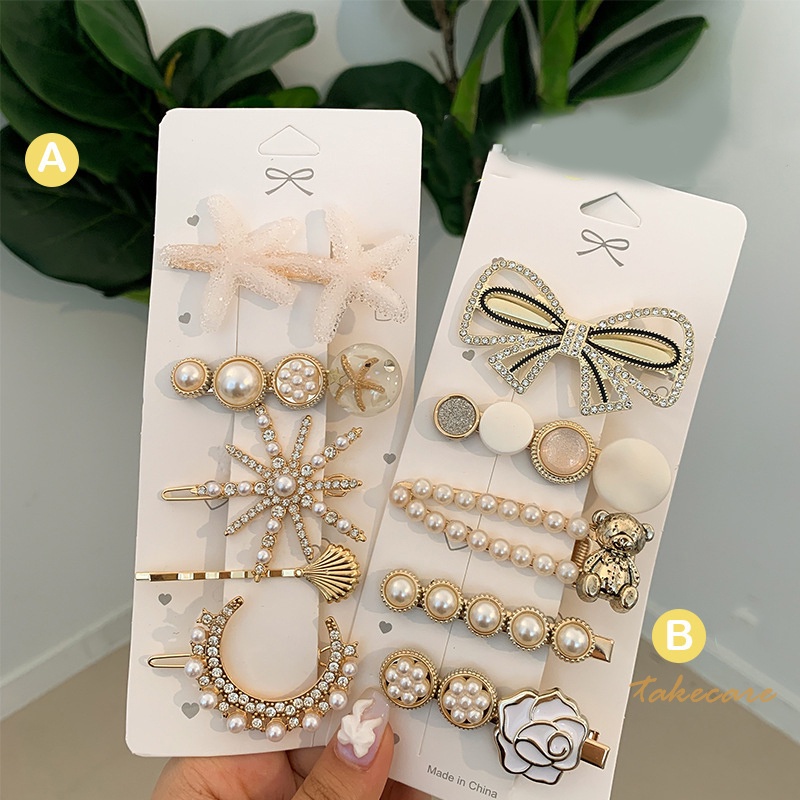 Set 5 kẹp tóc đính hạt kim loại phong cách vintage ngọt ngào cho nữ