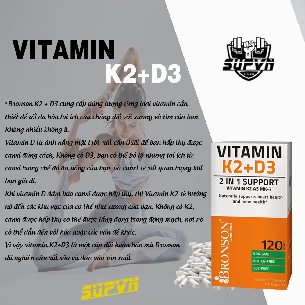 Vitamin K2 D3 - MK7 Bronson 250 Viên Hỗ trợ Giúp Xương Chắc Khỏe, Tăng Hóc Môn, Phát Triển Cơ