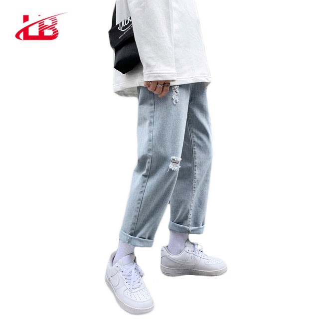 Quần baggy nam LB, jean denim cotton, cắt rách cá tính, bụi bặm, màu xanh sáng, BGSH6 | BigBuy360 - bigbuy360.vn