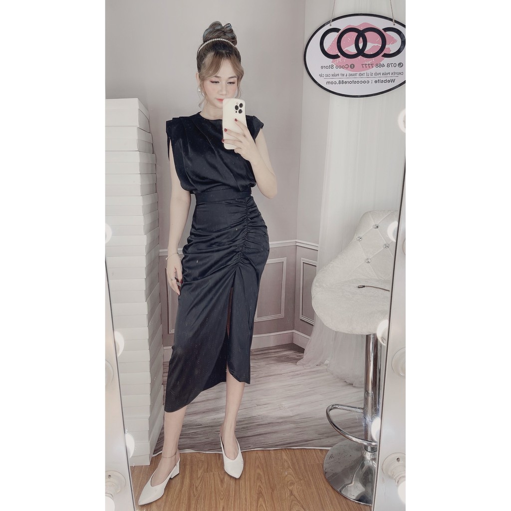 Váy Đầm Lụa Hàn| Váy Body  Dự Tiệc  Dáng Dài Qua Gối Thiết Kế  Nhún Eo Hông Xẻ Tà Cao Hai Màu Đen Trắng