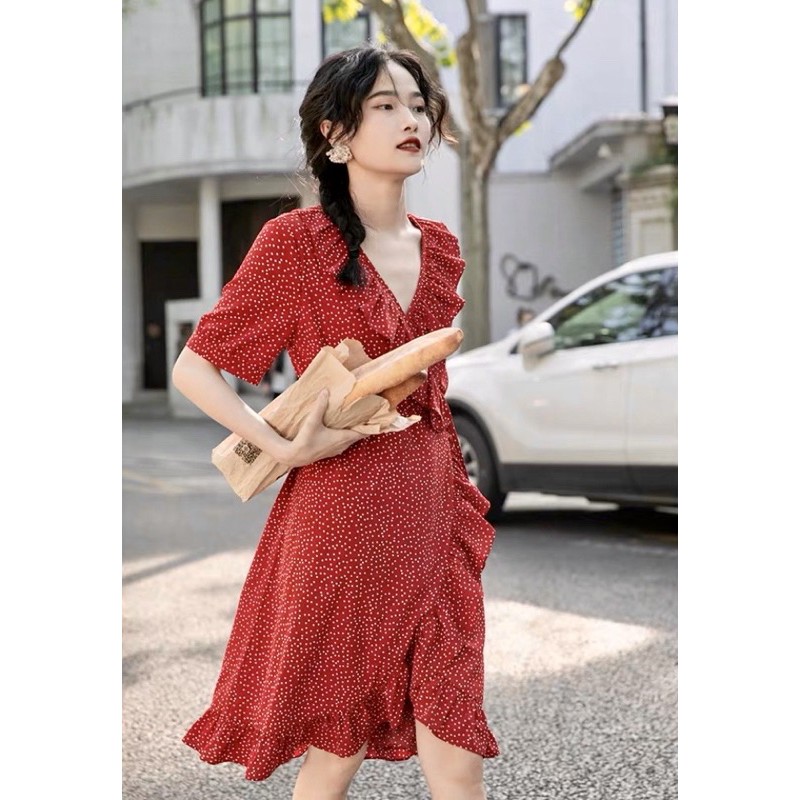 Váy đỏ chấm bi Blapink đắp tà vải voan rủ - DRESS T05A T04 | BigBuy360 - bigbuy360.vn