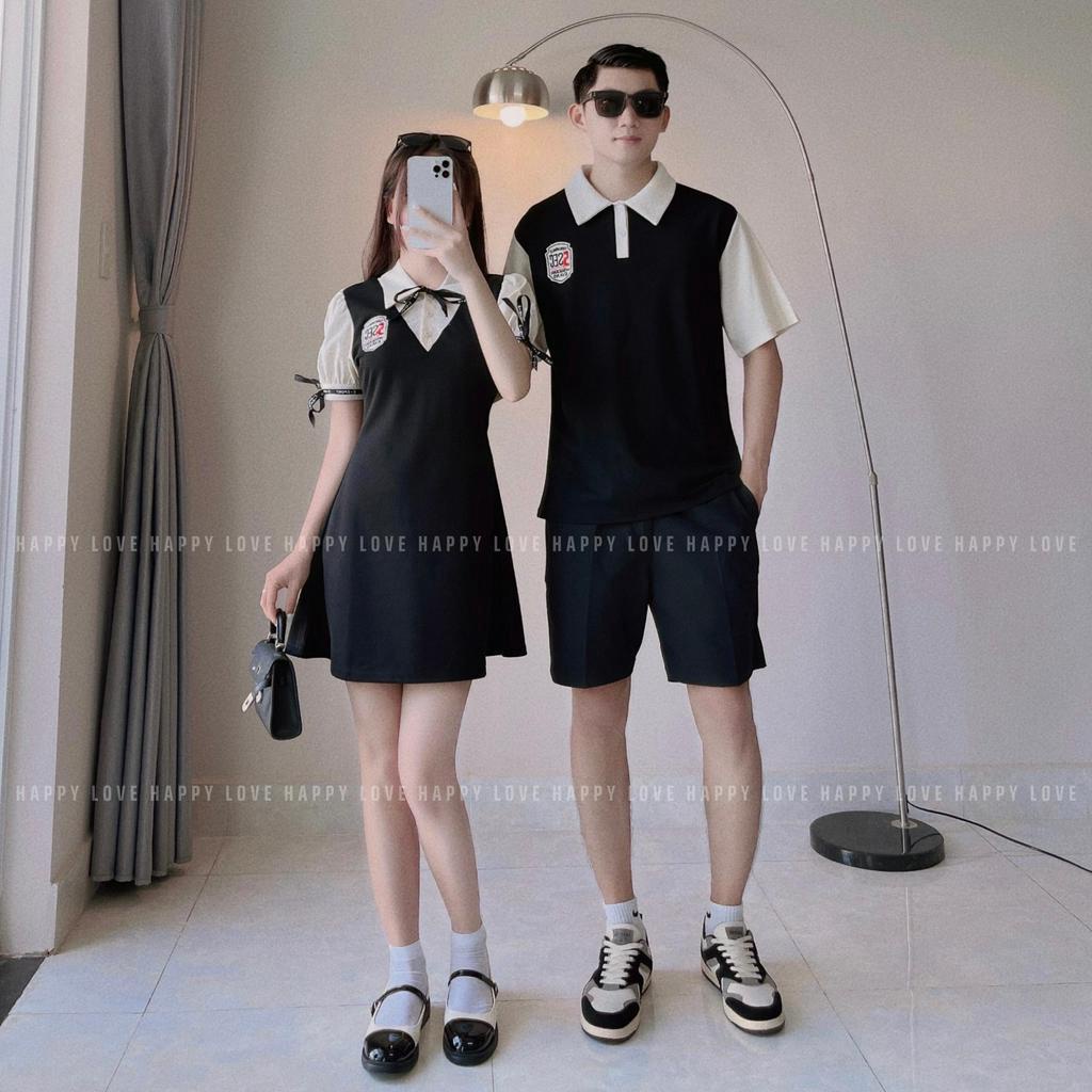 Đồ đôi nam nữ couple set áo váy polo màu đen logo thêu phong cách hàn quốc HAPPYLOVE H86