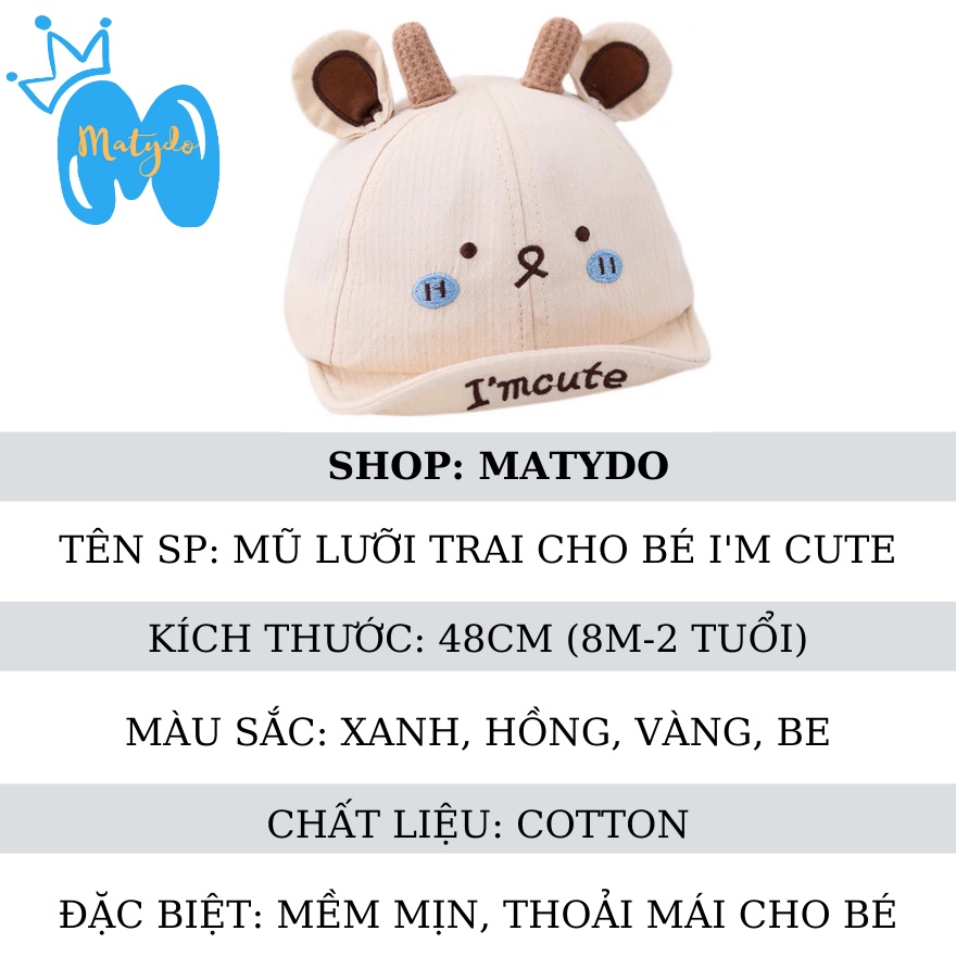 Mũ cho bé gái bé trai MATYDO nón lưỡi trai hình mặt cười im cute đáng yêu phụ kiện mùa hè