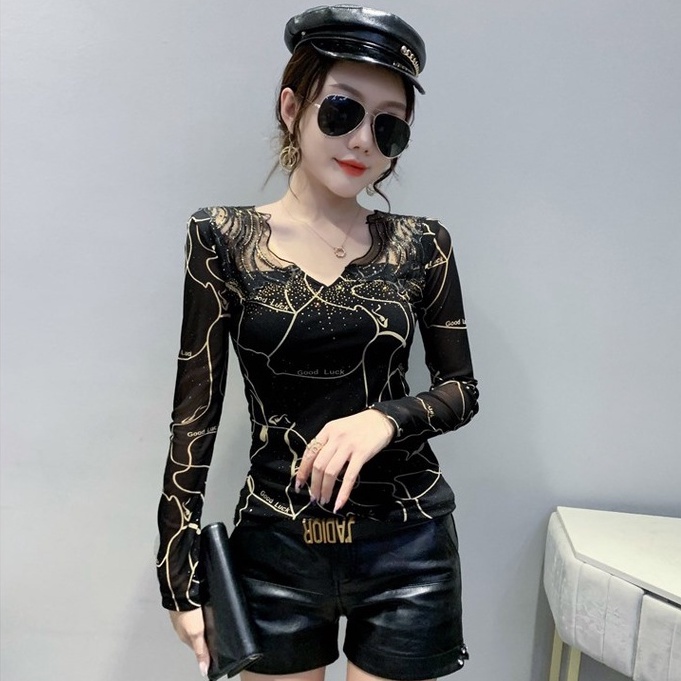 Áo kiểu trễ vai áo lưới dài tay V Thiết Kế Mới Thời Trang Mùa Thu Đông Dành Cho Nữ