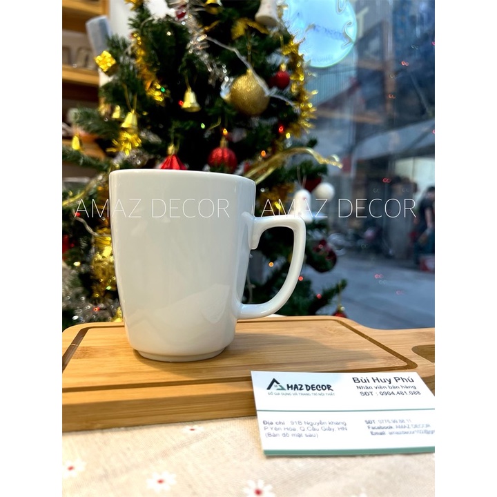 Bộ tách ly cốc sứ uống nước cà phê trà có quai dáng vuông Bát Tràng cao  trắng trơn 390ML C6024 cao cấp thanh lịch