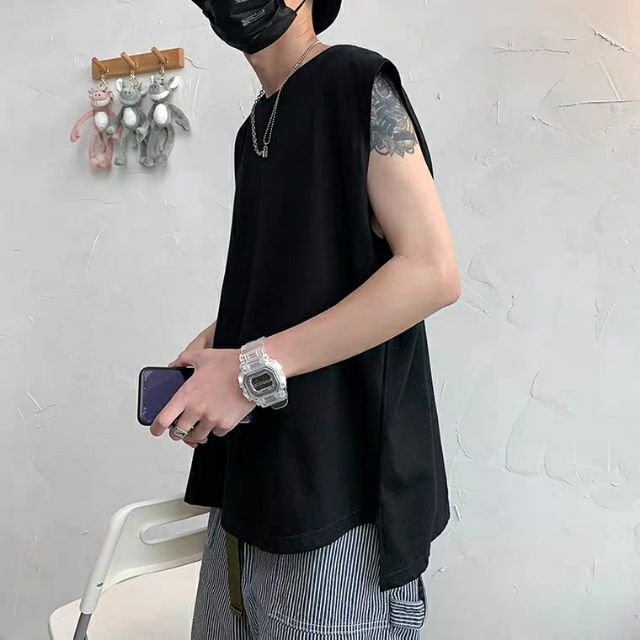 (Sẵn đen - trắng) Áo tank top unisex nam nữ trơn gấu cao thấp
