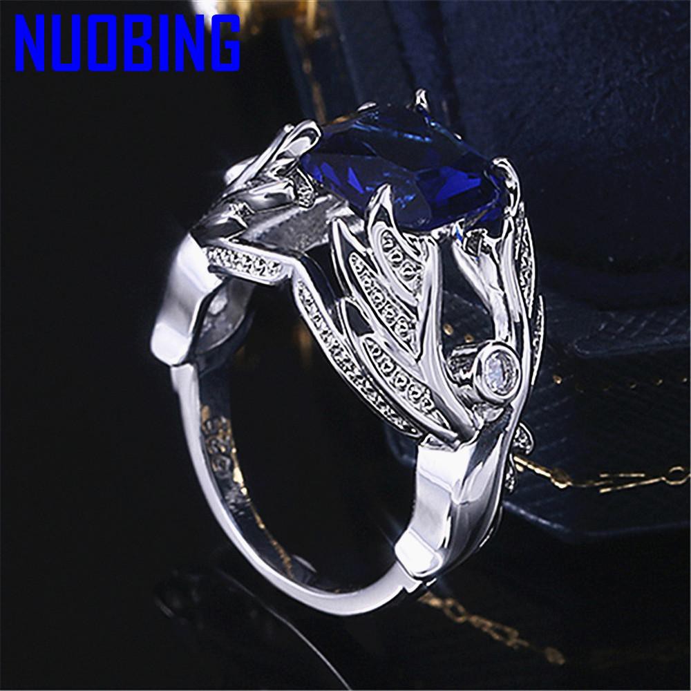 Fashion Angel Wings Blue Crystal Sapphire Gemstones Diamonds Rings For Women Men White Gold Silver Color Jewelry Bague Accessory|Rings|