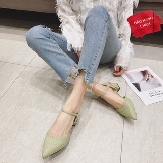 Giày sandal cao gót nữ 5cm màu trắng, xanh lá nhạt da lì mũi nhọn gót vuông ô đan chéo 151274 QC cao cấp