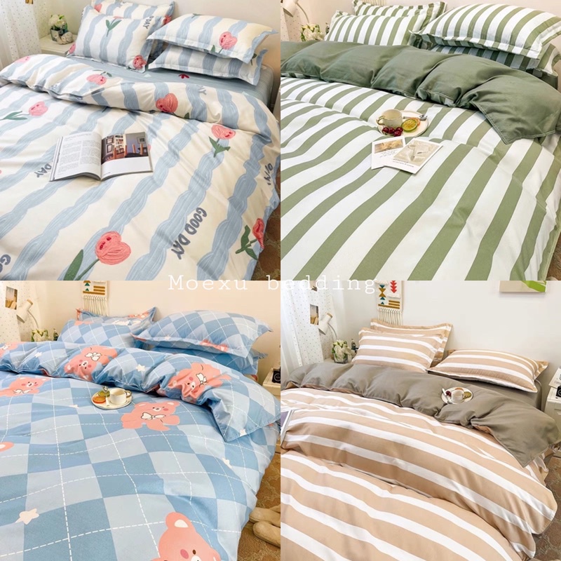 Bộ Chăn Ga Gối 🪴 combo 5 món cotton 3D moexu bedding kẻ sọc hoa nhí sang trọng mềm mịn đủ kích thước