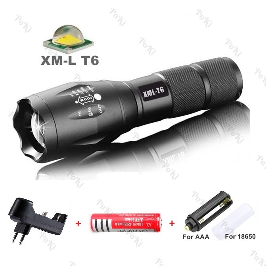 Đèn pin siêu sáng cầm tay đèn LED 5 chế độ XML-T6/L2 + Tặng hộp đựng + 1 Pin sạc 18650 + FREE Bộ sạc Pin - POKI
