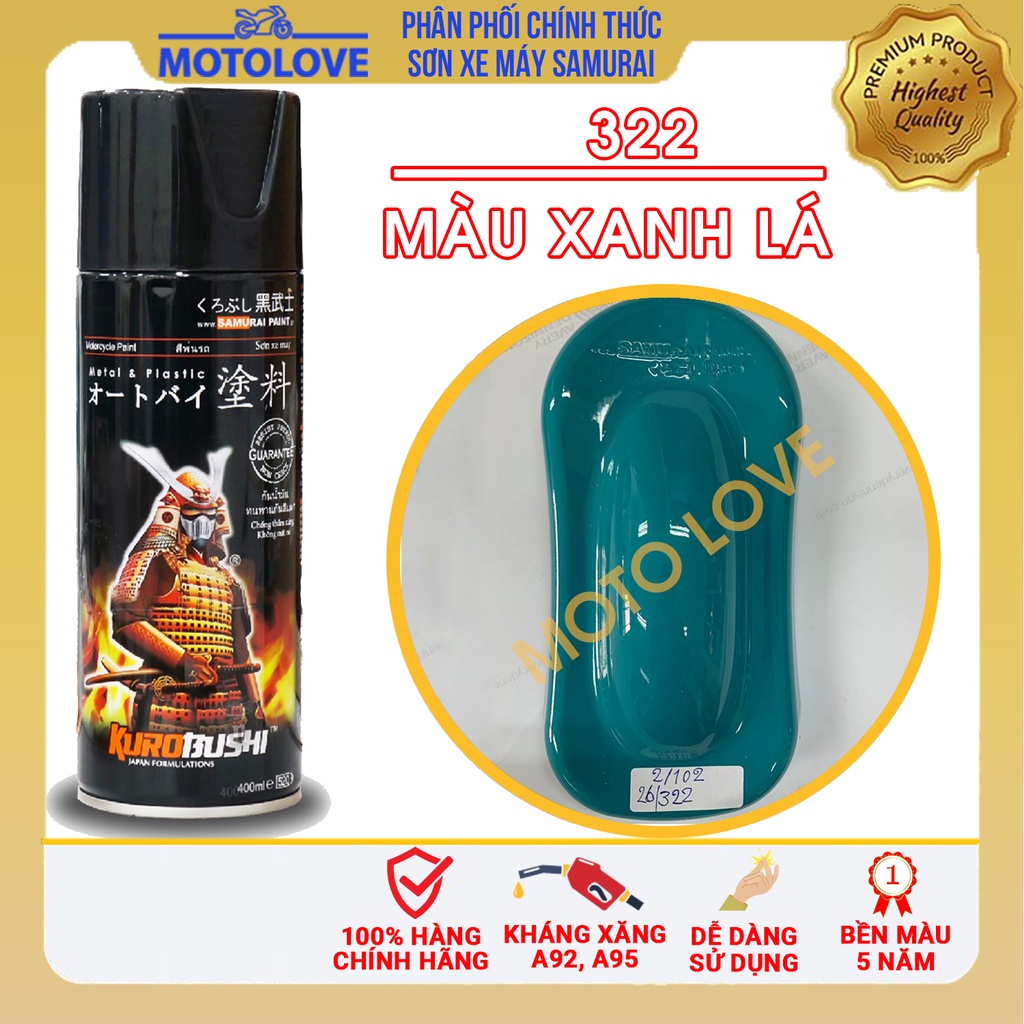 Sơn Xịt Samurai Màu Xanh Nitron, Xanh Tosca Mã 322 cao cấp nhập khẩu từ Malaysia.