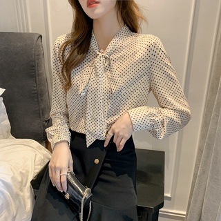Áo Sơ Mi Chiffon Nữ Tay Dài Cổ Thắt Nơ Họa Tiết Chấm Bi Phong Cách Vintage Thanh Lịch
