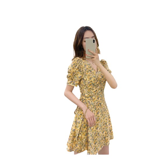 Đầm lụa hoa nhí tay con cột nơ eo xinh xắn Faglo cao cấp