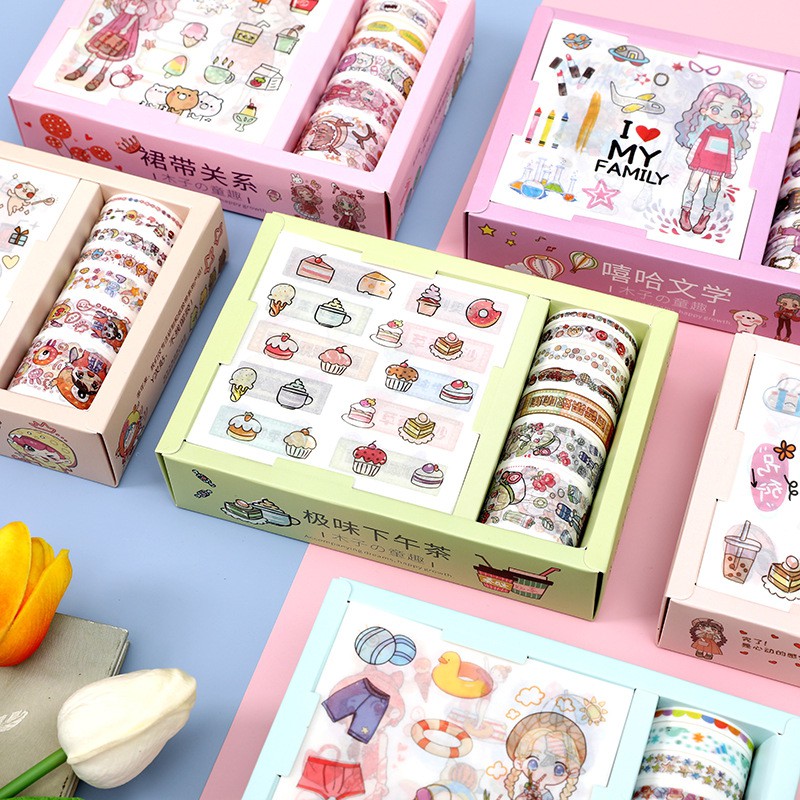 Set 7 cuộn washi tape mohamm + 9 tấm sticker trang trí sổ Bullet Journal, sổ Planner phong cách Nhật Bản