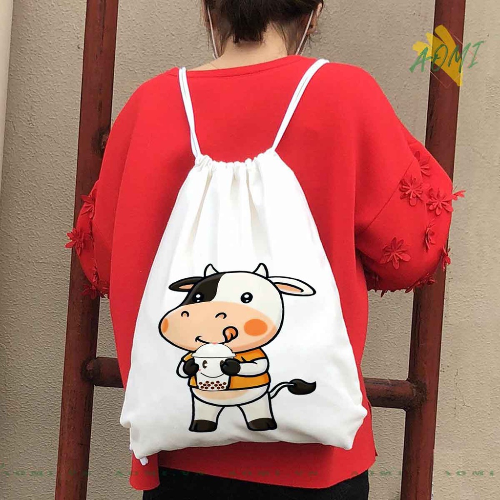 BALO MINI BO SỮA MILK COW AOMIVN DÂY RÚT ĐEO VAI 33x38cm NHỎ XINH UNISEX CHẤT CANVAS CUTE TIỆN ÍCH DU LỊCH ĐEN TRẮNG