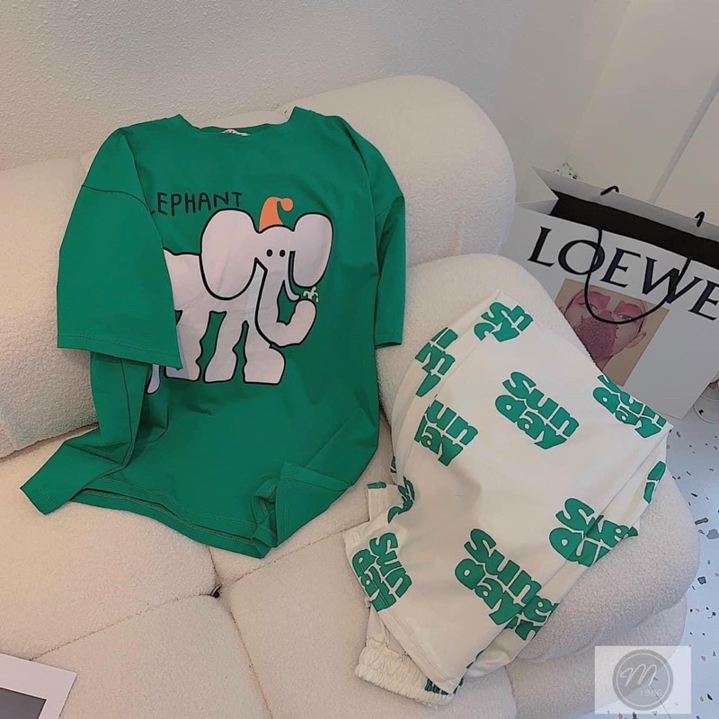 Set áo cotton xanh voi con quần suông gân R9