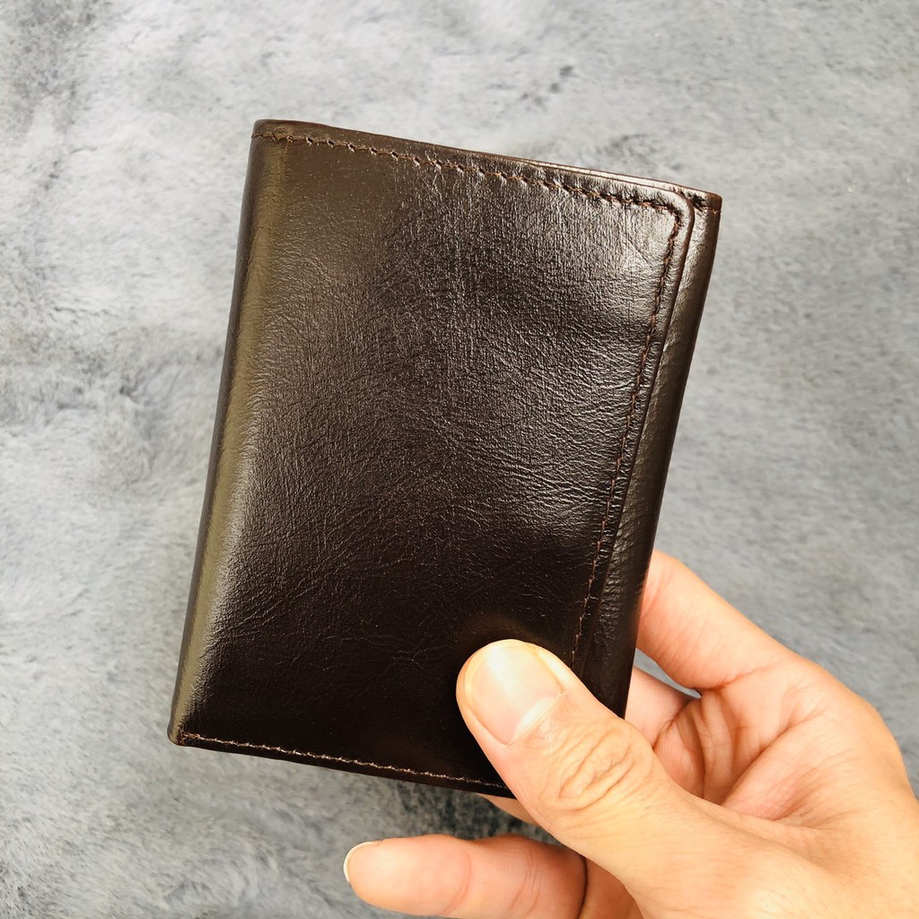 Ví gập 3 siêu đẹp (da bò trơn bóng nâu cánh dán) 8.5cm x 11.5cm