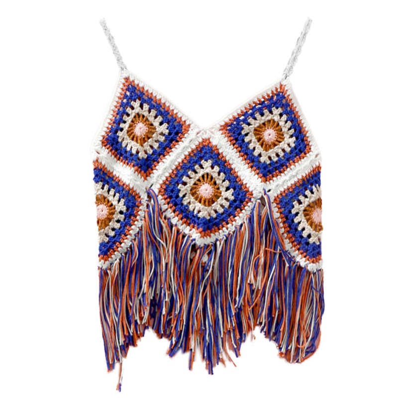 Áo Croptop Dệt Kim Không Tay Cổ Chữ V Họa Tiết Hình Thoi Nhiều Màu Phong Cách Boho Quyến Rũ Cho Nữ