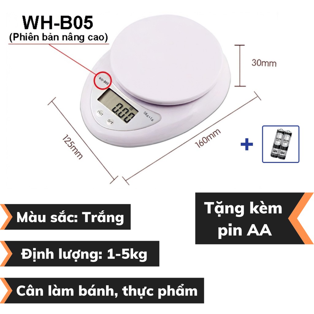 Cân Tiểu Ly Điện Tử Mini định lượng 1-5kg độ chính xác cao WH-B05 cao cấp 3kg làm bánh nhà bếp kèm 2 viên pin AA