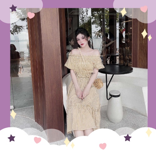 Set đồ áo croptop tay phồng kèm chân váy dài caro hai màu be, vàng