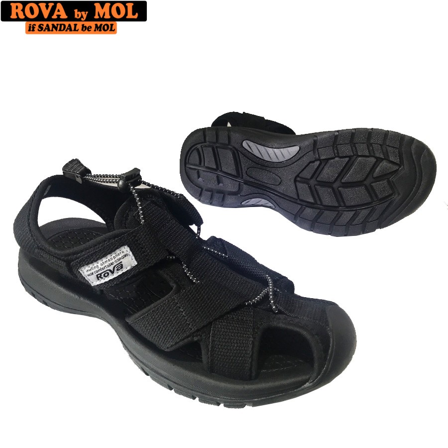 Giày sandal nam bít mũi hiệu Rova đế cao su quai dù thích hợp đi làm đi phượt đạp xe màu đen mã RV626