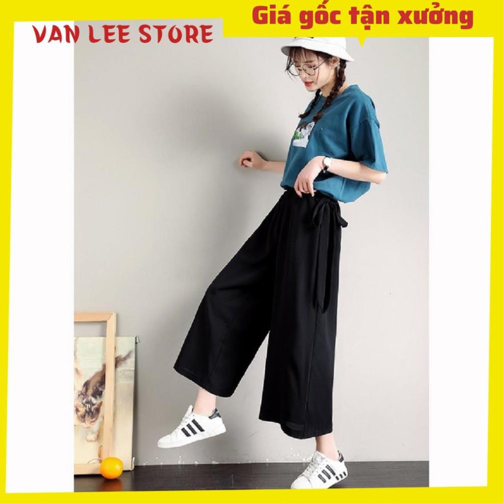 Quần ống rộng lửng nữ cạp chun VIETSTAR quần lửng baggy màu đen vải thun co giãn học sinh buộc nơ eo