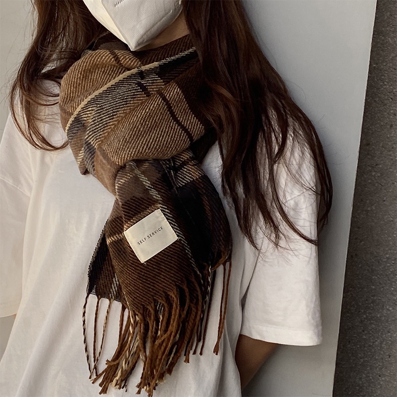 Khăn quàng cổ unisex vintage - Khăn choàng cổ len nam nữ Self Service kẻ caro ulzzang Hàn Quốc mềm mịn