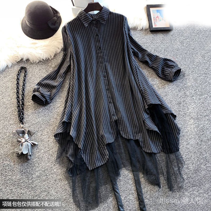 Đầm Sơ Mi Dáng Rộng Phối Ren Kẻ Sọc Thời Trang Mùa Thu 2022 Plus Size 069 Cho Nữ