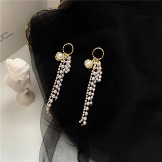 S925 silver Needle Korea super Fairy long pearl tassel earrings new sweet Super Fairy Earrings C428