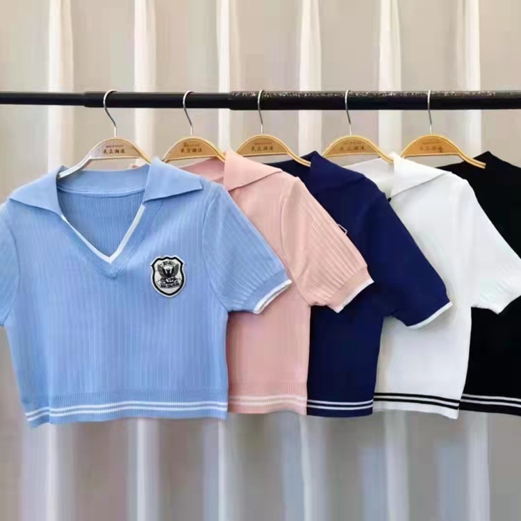 Áo croptop SUXI dệt kim tay ngắn cổ chữ V thời trang mùa hè cho nữ