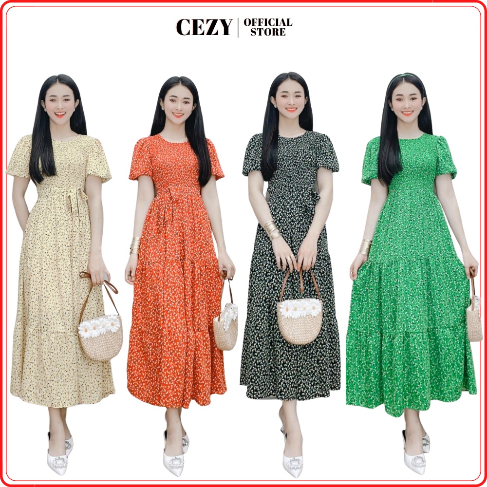 Đầm hoa nhí tay phồng dáng maxi bo chun có size bigsize CEZY D110