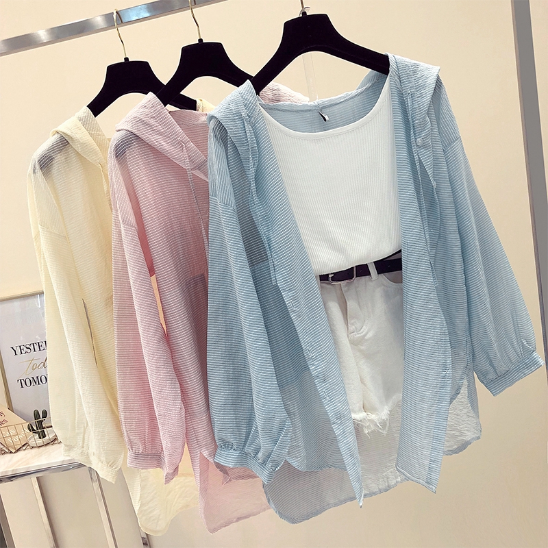 Áo khoác cardigan mũ trùm phối sọc ngang thời trang cho nữ