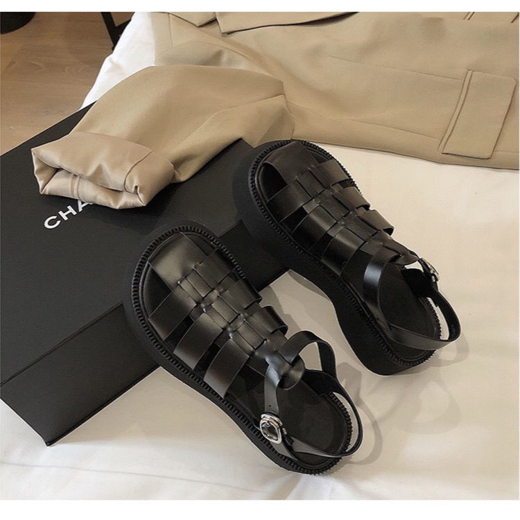 sandal quai mảnhgiày gót♟Dép la mã nữ bện mùa hè Baotou 2021 mới bánh xốp đế dày với giày mũi to một khóa từ t
