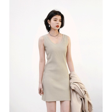 Đầm dệt kim mảnh vừa vặn cổ chữ U không tay có túi bên hông dành cho nữ