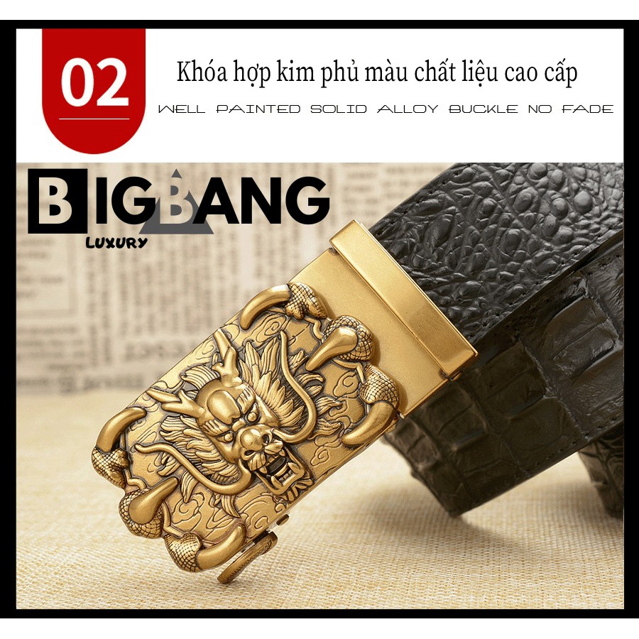 Thắt lưng nam khóa rồng da bò nguyên miếng 2 lớp dập vân cá sấu cao cấp - Nịt đeo lưng da cao cấp