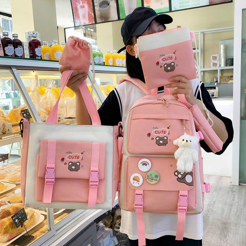 Balo combo 4 món-set balo đi học học sinh sinh viên laptop Ulzzang cute nữ gấu cute