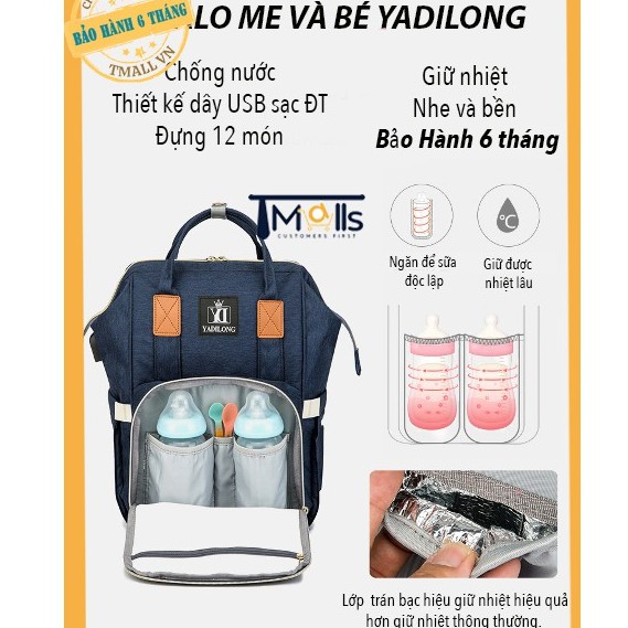 Balo Bỉm Sữa YADILONG hàng công ty cao cấp bảo hành, 12 Ngăn Chuyên Dụng, Chống Thấm Nước, Có Cổng Sạc Usb Tiện Lợi